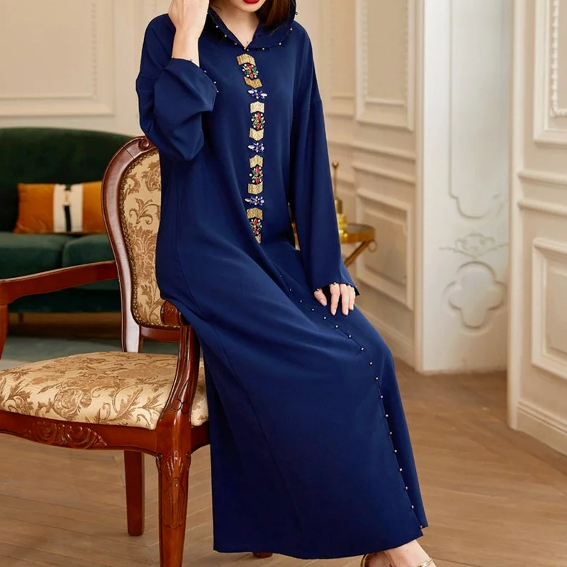 Riched Muslim Dress Beads Women 2021 Autumn Jellaba Kaftan Diamond Fashion Casual Hooded Split Long Sleeves Maxi Dresses
