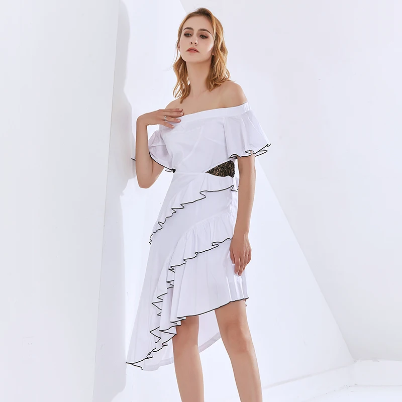 

VGH White Patchwork Ruffles Shirts For Women Slash Neck Short Sleeve Asymmetrical High Waist White Dresses Female 2021 Summer