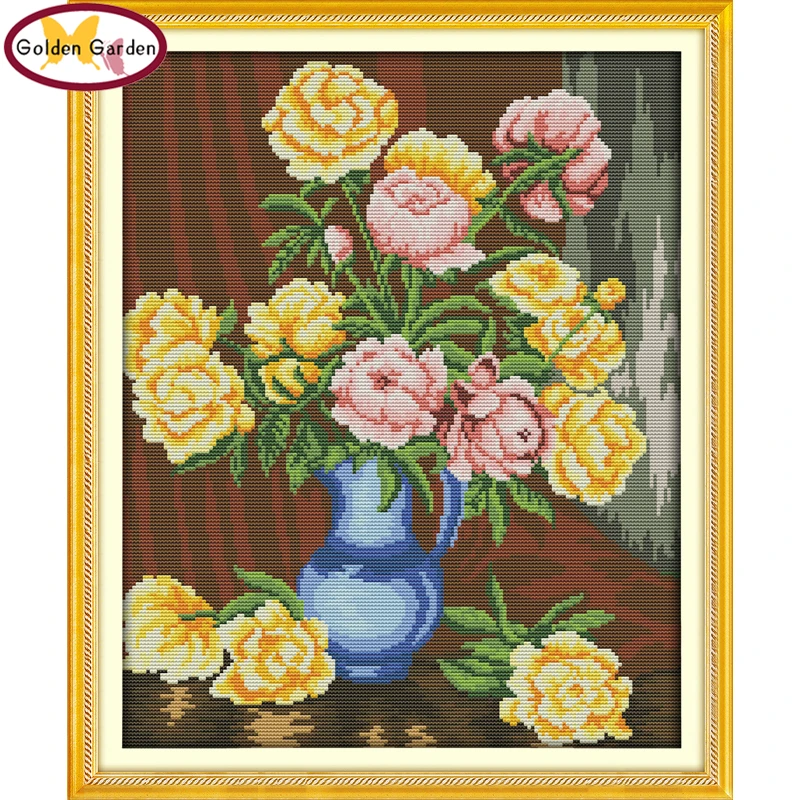 

GG Peony Vases Flower Joy Sunday Cross Stitch Needlework Embroidery Sets Handcraft Counted Cross Stitch Patterns for Home Decor