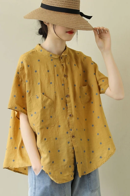 

Linen Plus Size Women Loose Short Sleeve Shirt 2021 Summer New Polka Dot Printing All Match Casual Womens Tops