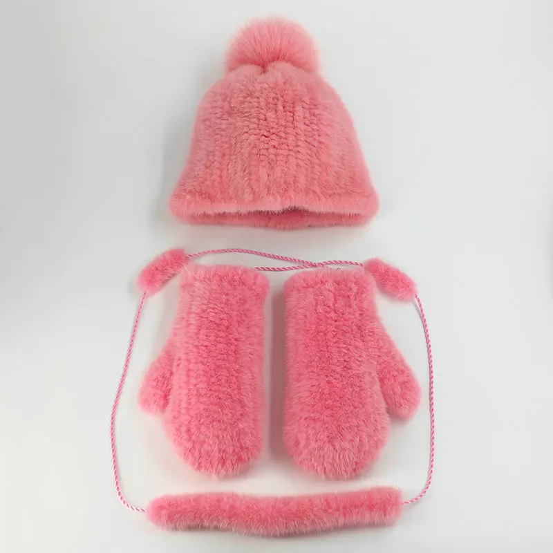 New Women S Winter Mink Knitted Fur Ball Cap And Knitted Stretch Mittens Thickened Warmth Soft Fur Hat Glove Set