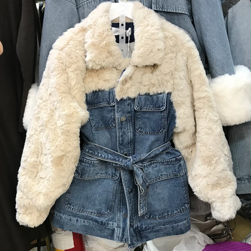 Женская джинсовая облегающая куртка с искусственным мехом на зиму и осень Теплая