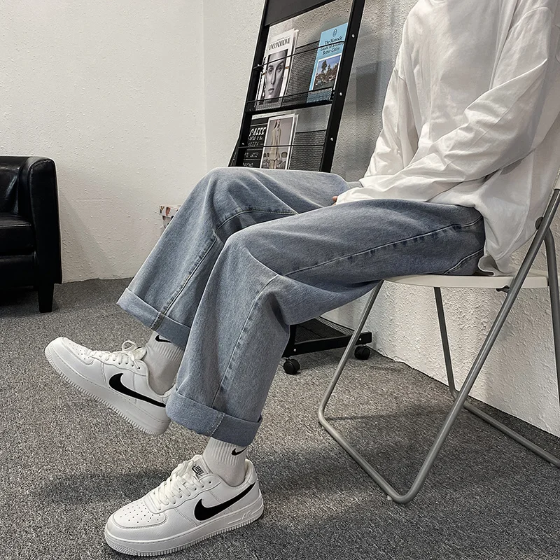 Black/Blue/White Jeans Men's Fashion Casual Baggy Wide-leg Jeans Men Streetwear Loose Hip-hop Straight Denim Trousers Mens S-2XL