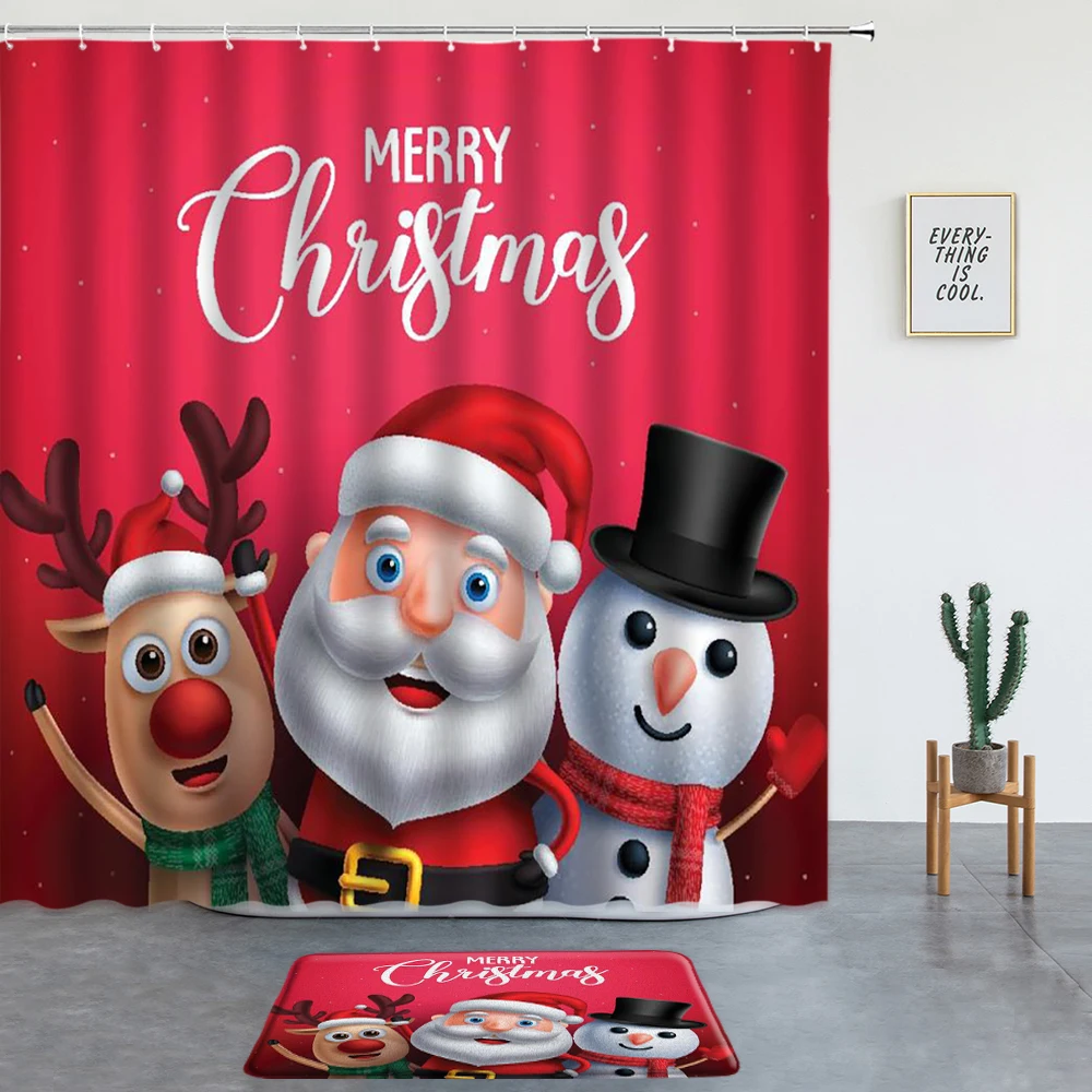 

Christmas Shower Curtains Set Bath Mats Santa Claus Snowman Reindeer Bathroom Decor Carpet Screen Entrance Doormat Non-slip Rugs