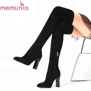 MEMUNIAпопулярные женские сапоги-ботфорты из искусственной замши высокого качества, на молнии, со стразами, на высоком каблуке, Размеры 33-44, 2019