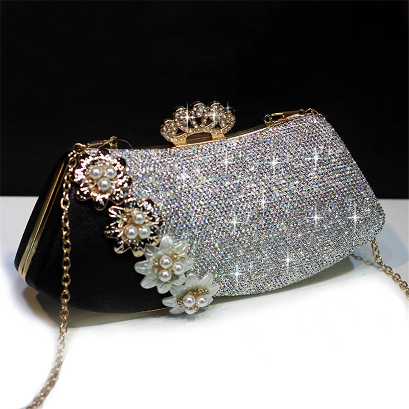 

Luxury Handbag Crystal Clutch Women Bridal Wedding Shoulder Bag Floral Genuine Leather Rhinestone Purse Chain Evening Party Bags