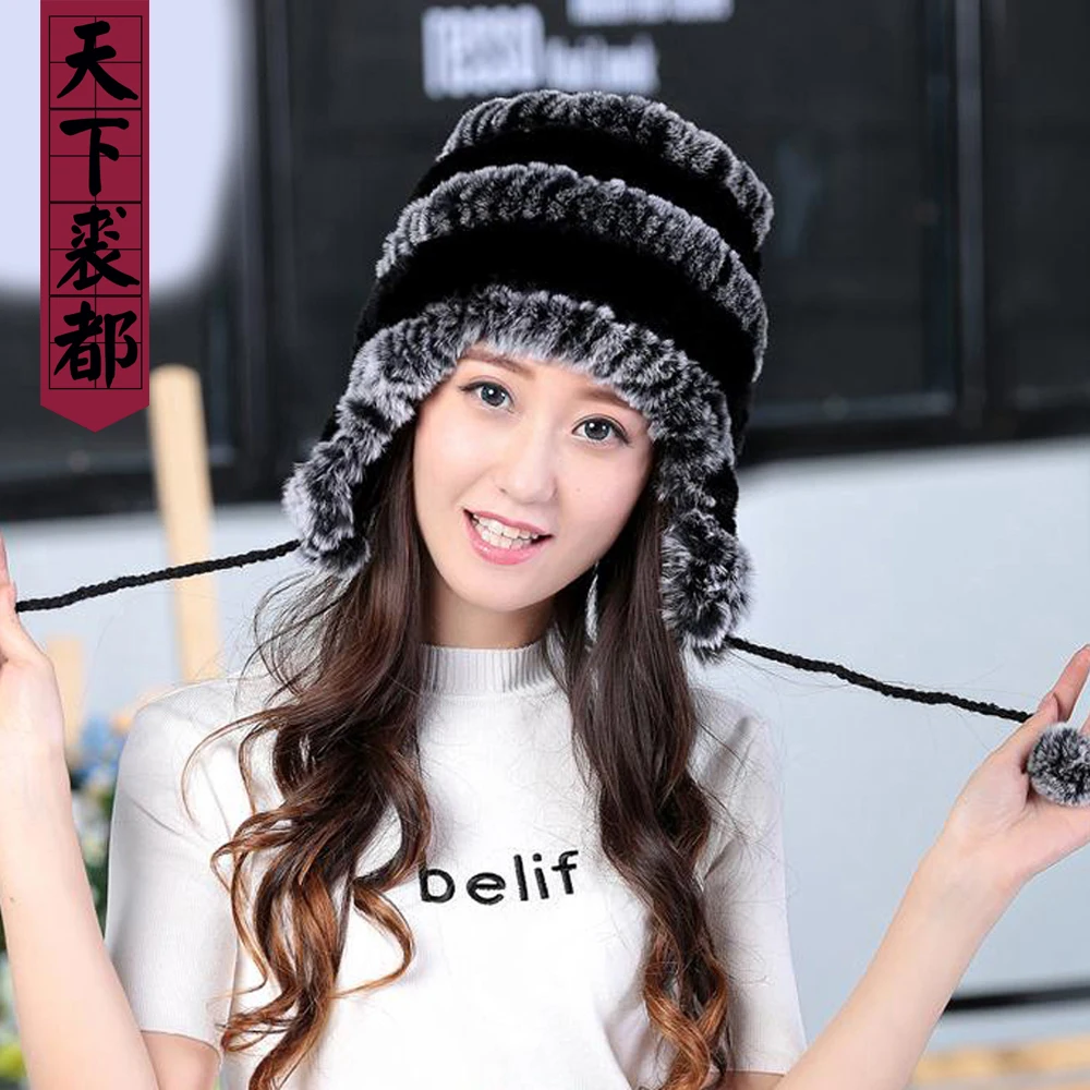 Lady Real Fur Earflap Hats Women Natural Rex Rabbit Fur Beanies Cap Russian Winter Warm Genuine Fur Hat Wholesale