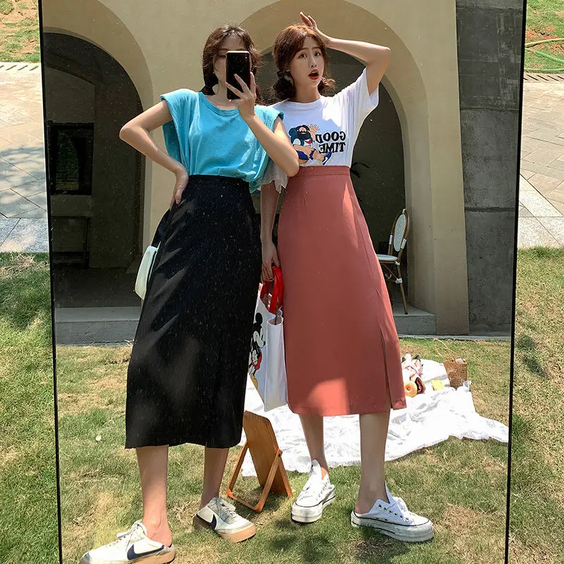 

Korean Fashion 2021 Summer Solid Y2k Streetwear High-waisted Women's Long Midi Skirts LX049