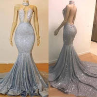 bling silver mermaid african evening dresses long 2021 high neck beads crystals sexy backless see through prom party wear