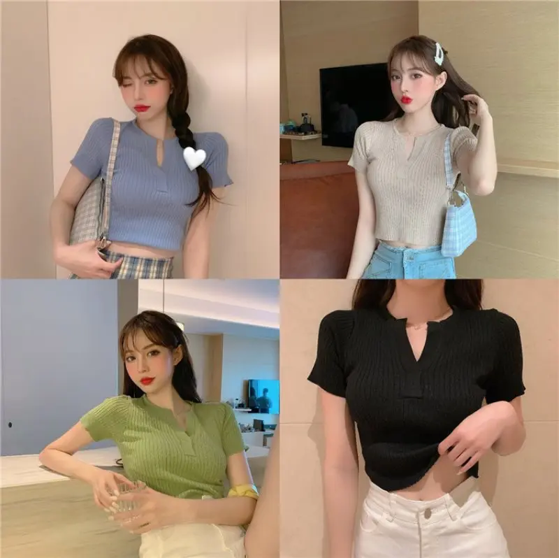 

Women's V-Neck Solid Exposed Navel Slim Casual Knitted Short Sleeve T Shirt