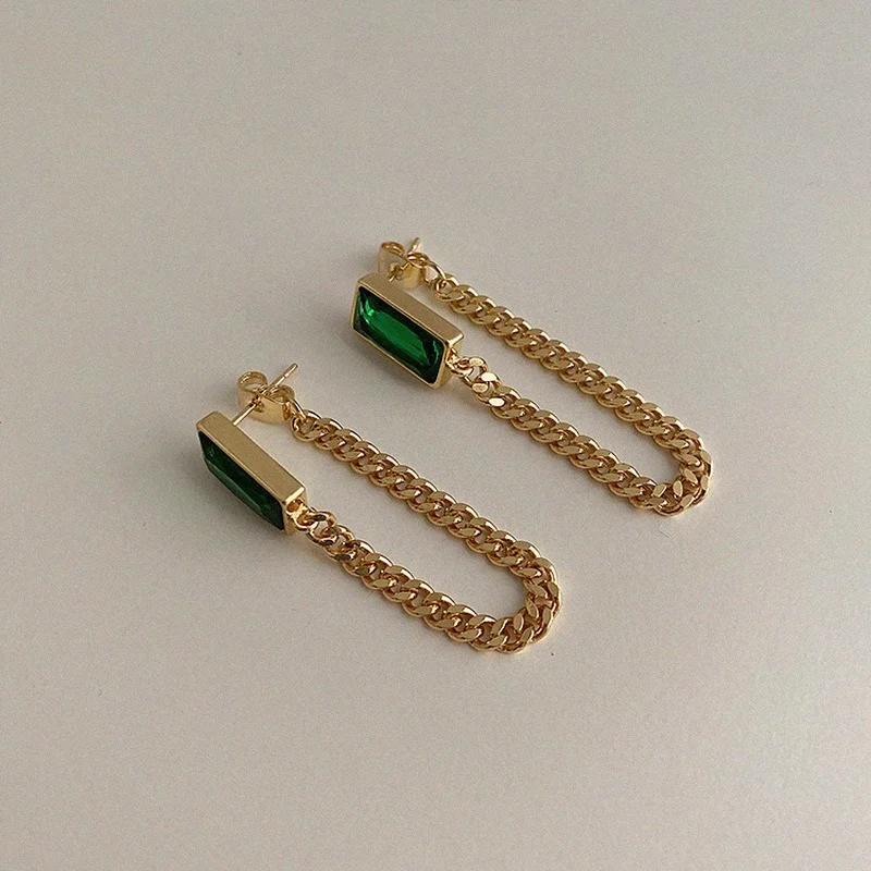 

Origin Summer Green Color CZ Stone Long Tassel Earrings for Women Gold Linked Chain Statement Dangle Earrings Shiny Jewelry