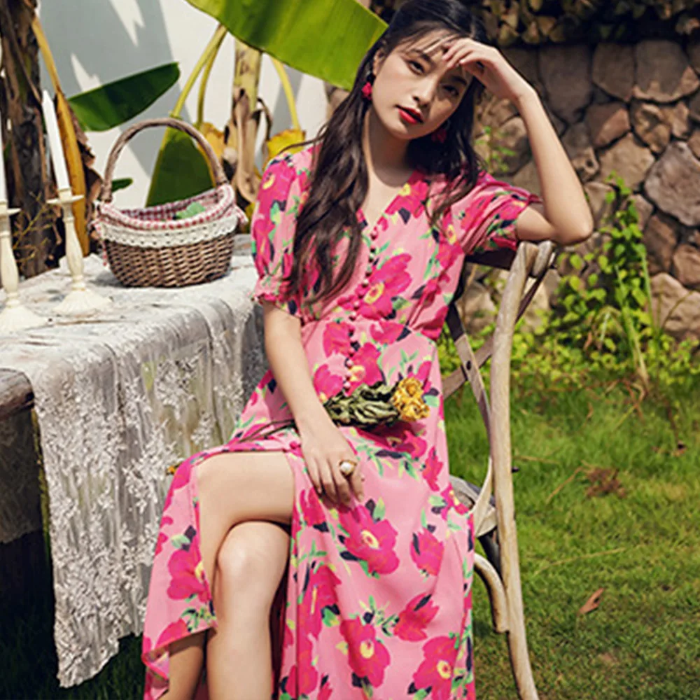 

Missnight Pink Floral Long Dress Puff Sleeve Maxi Dress For Women V Neck Button Split Vintage Casual Dresses Vocation Streetwear