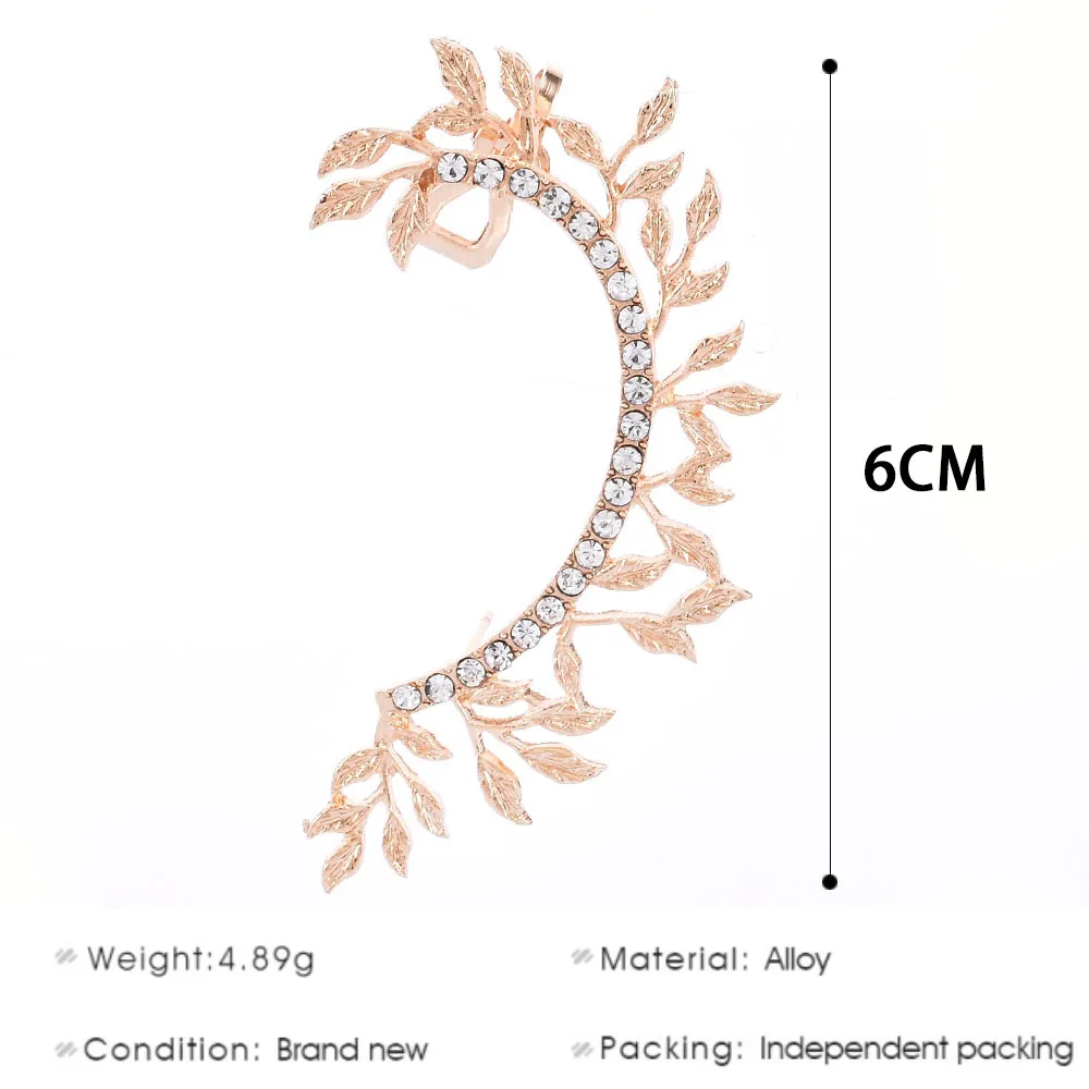 

HOT Leaves Clip on Earrings No Pierced Non Piercing Fashion Gold Leaf Ear Cuff with Rhinestone Crystal Earcuff for Women Jewelry