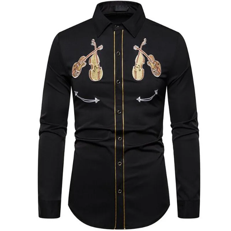 

Men's fashion embroidered shirt european-american style shirt violin embroidered shirt with long sleeves