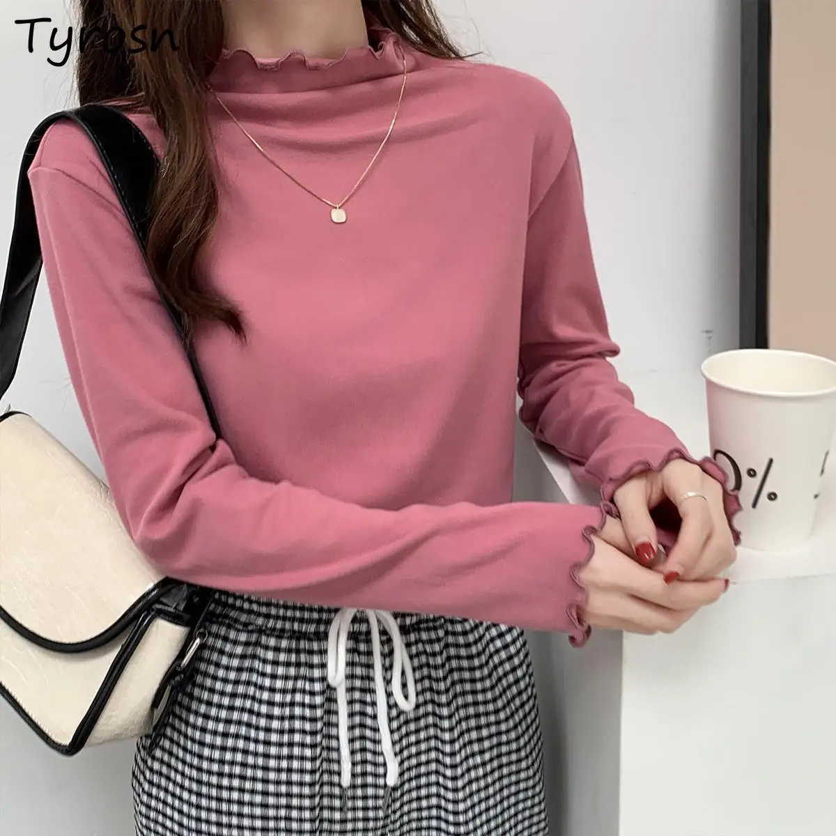 

Long Sleeve T-shirts Women Sweet Design Edible Tree Fungus Warm Plus Velvet Basic Tops Half High Collar Tshirts Female Elegant