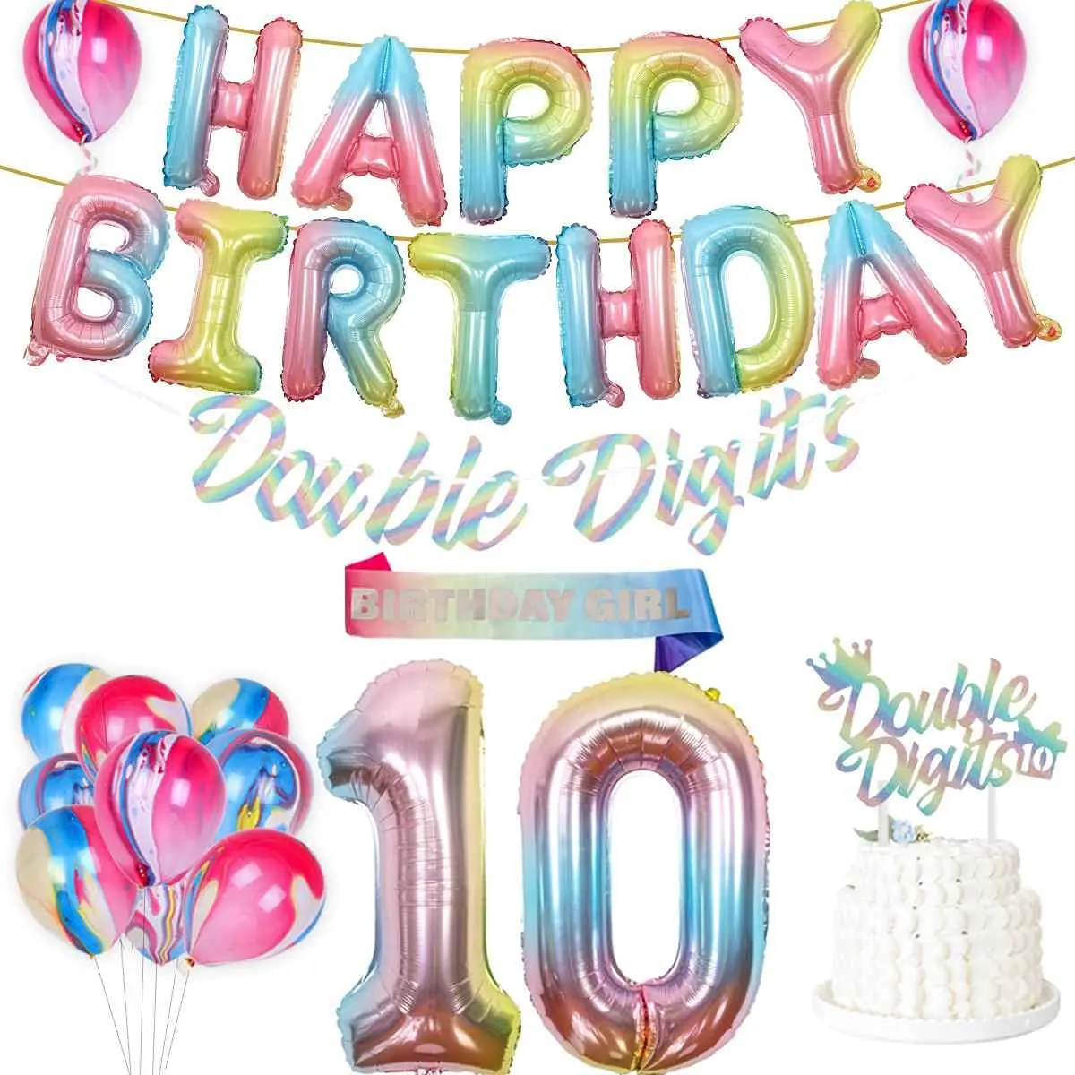 Decoraci&oacute;n de 10 &deg; cumplea&ntilde;os para ni&ntilde;as, pancarta de globos de feliz cumplea&ntilde;os, suministros para fiestas de cumplea&ntilde;os-0