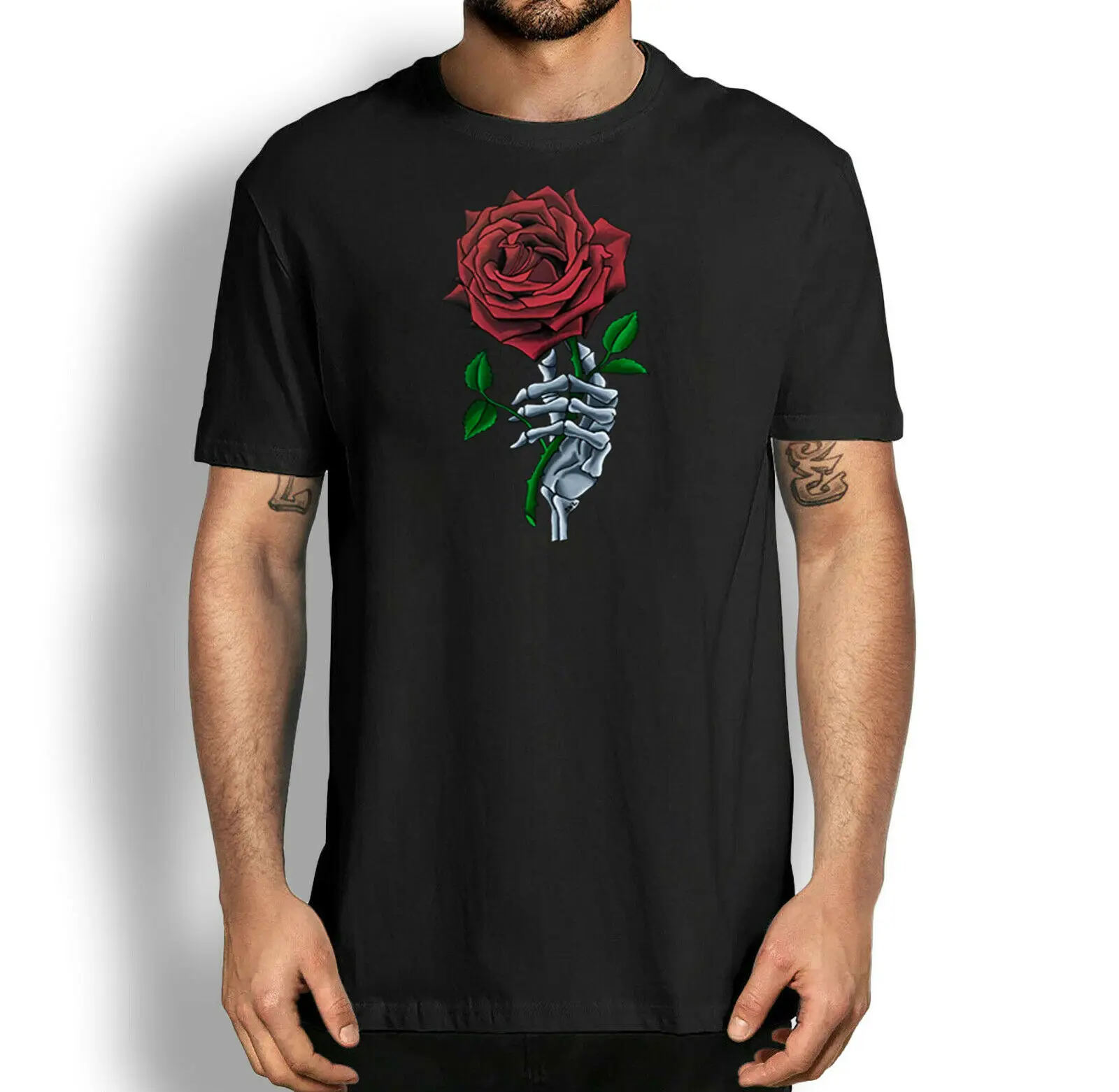 

Red Rose T-shirt, Hand Red Rose Flower Shirt, Skeleton Hand Red Flower O - Collar Four - Season Printed T-shirt Short Sleeves