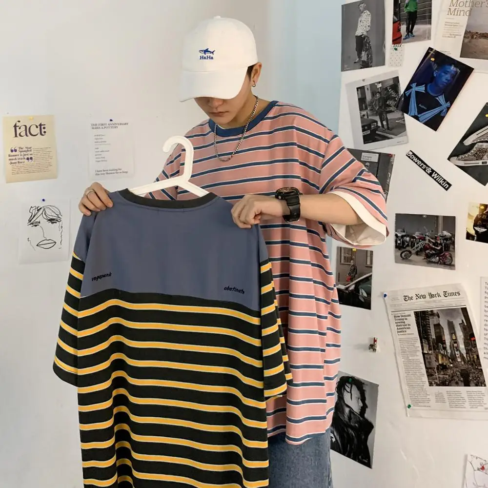 

2020 New T-Shirts Mens Cotton Tshirt Striped For Men Tee Summer Japanese Casual T-shirts Streetwear Fitness Tees Oversized