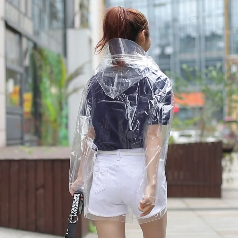 Прозрачный короткий непромокаемый плащ со съемной шапкой для женщин и мужчин