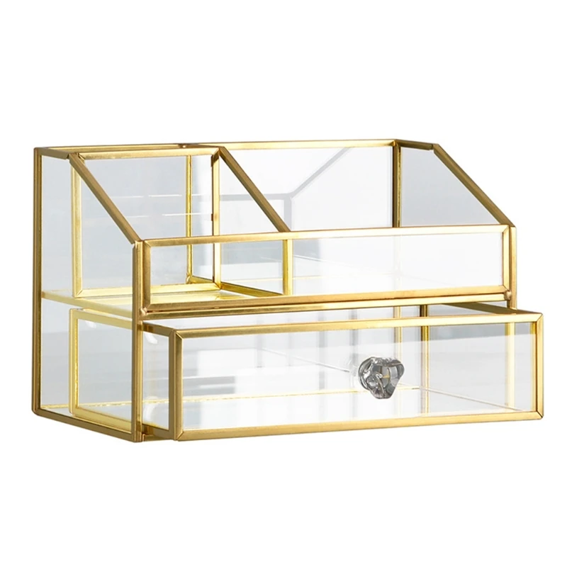 

Brass Glass Cosmetic Organizer Box with Drawer Bathroom Storage Makeup Display Dropshipping