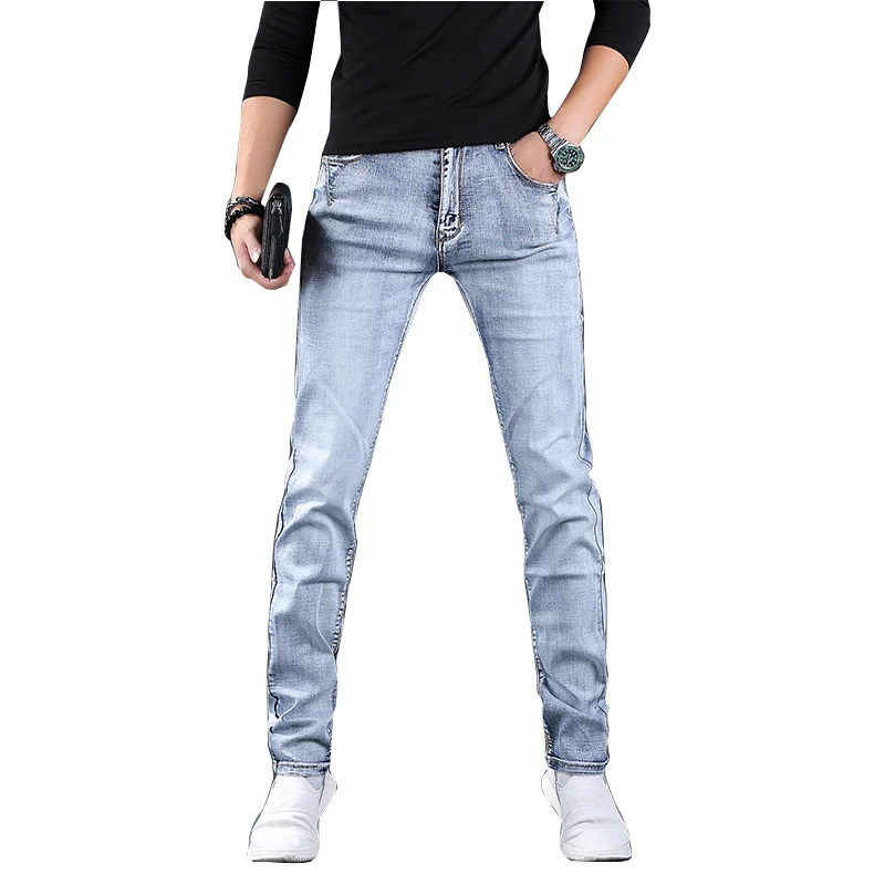Light Blue Men's Jeans Summer New Casual Stretch Straight Slim Fit Denim Pants