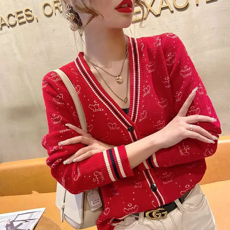 

Spring And Autumn Women's New Cardigan Printed Button Stitching Striped Sweater Loose Short Wild Commuter Sweater Coat Top