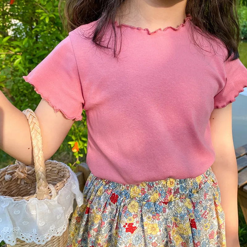 

2021 Summer New Baby Girl Solid Color T-shirts Korean Style Toddlers Kids Short Sleeve Tops Casual All-match Children's Clothing