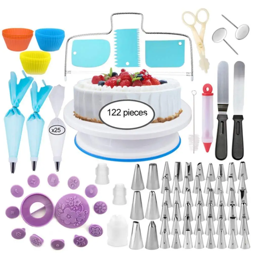 

122PCS Cake Piping Mouth Nozzles Cake Decoration Accessories Turntable Set Turntable Spatula Scraper Nail Fondant Mold