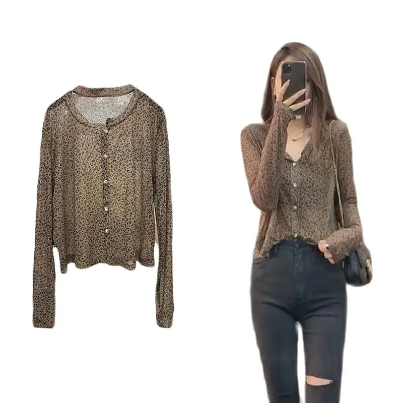 

Vintage Leopard Print Sun Protection Clothing Women's Thin Cardigan Tops 2021 New Summer Chiffon Long-sleeved Shirts f878