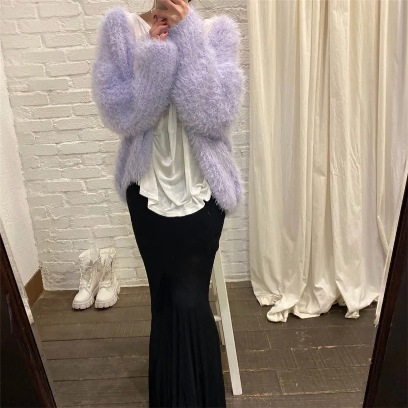 Женский кардиган с рукавами-фонариками повседневный однотонный пушистыми