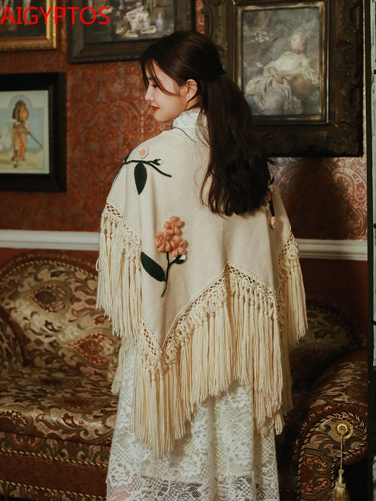 Женская винтажная накидка с кисточками вязаная цветами в национальном стиле