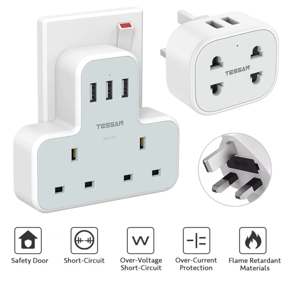 

TESSAN UK Standard Plug Extension Power Adapter with 2 Way Outlets 3 USB Ports 5V 2.4A Wall Charger Power Socket for Home Travel