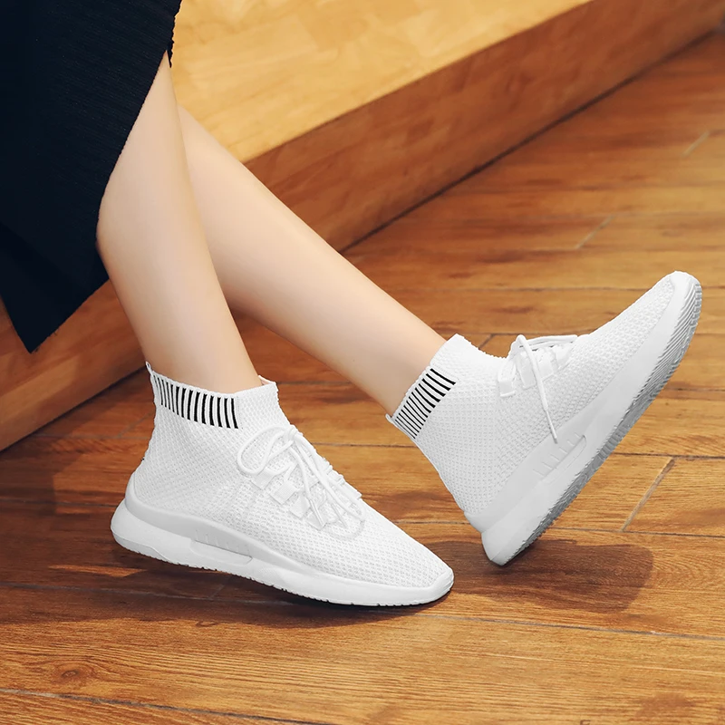 

2020 Spring New flying woven socks shoes Korean high-top women's shoes Casual Mesh (Air mesh) Round Toe women's shoes Solid