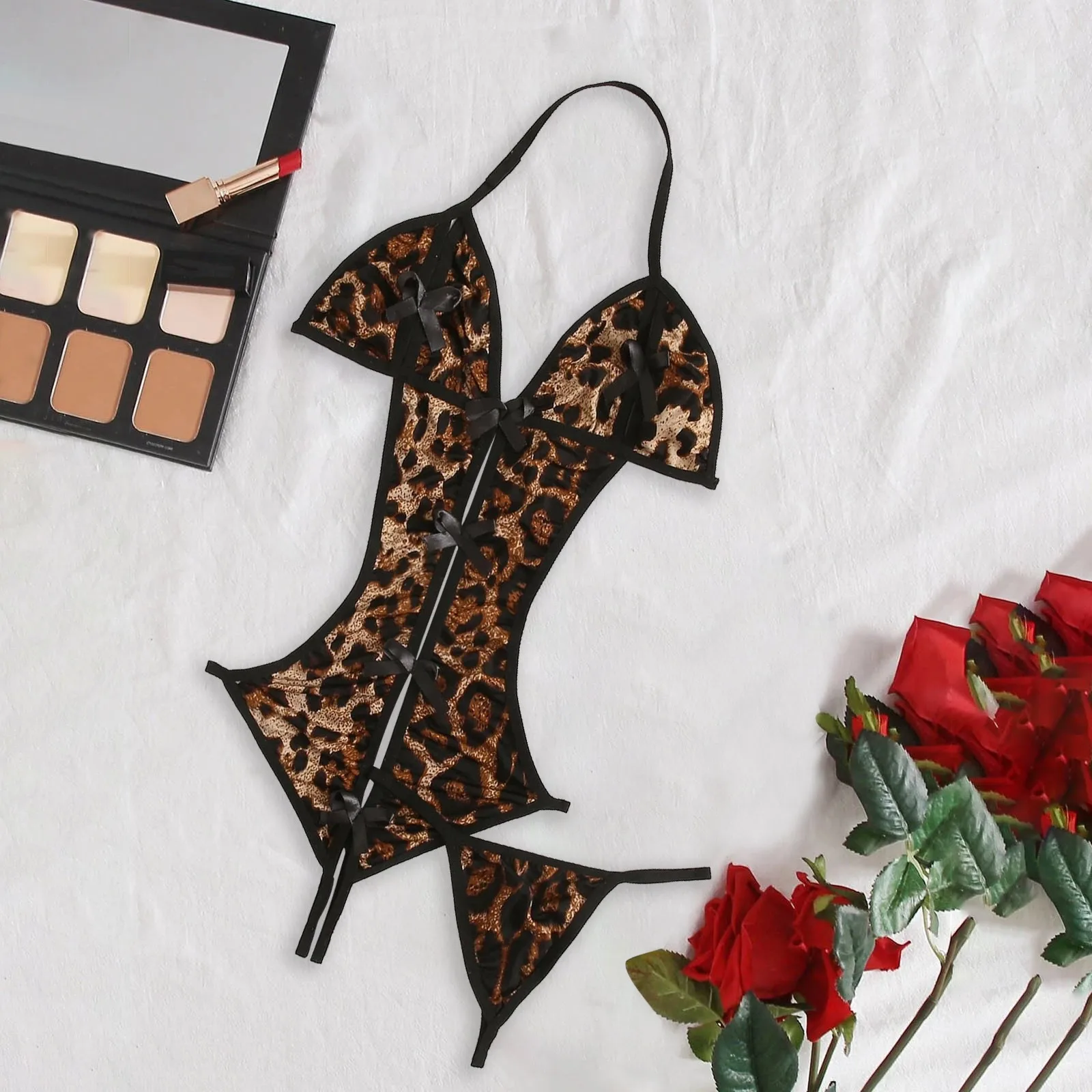 Атласная Шелковая пижама с леопардовым принтом комплект нижнего белья цельное