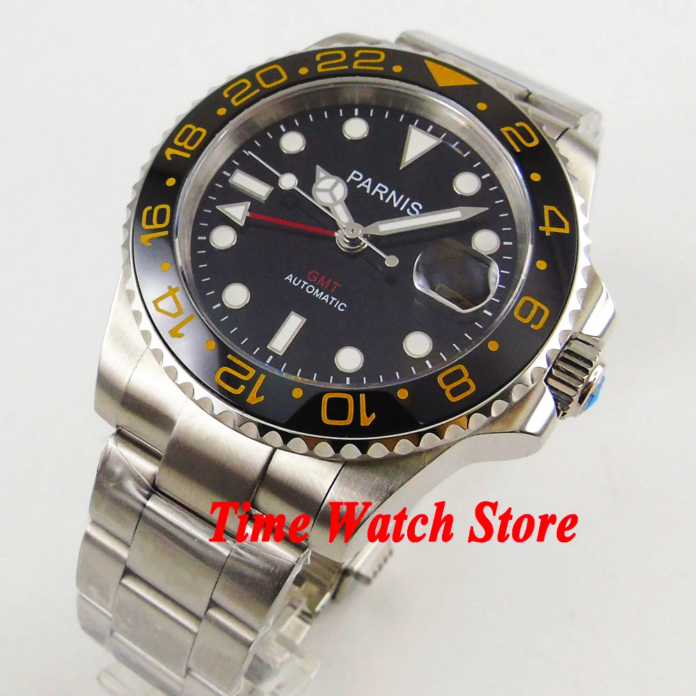 Мужские автоматические часы Parnis GMT 3804 40 мм черный циферблат сапфировое стекло