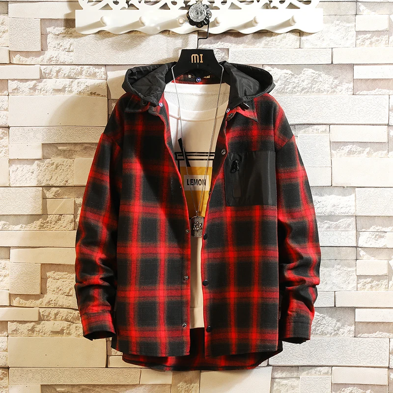 

HIP HOP Streetwear Casual Plaid Shirt Men Long Sleeve High Quality 2021 Loose With Hooded Streetwear