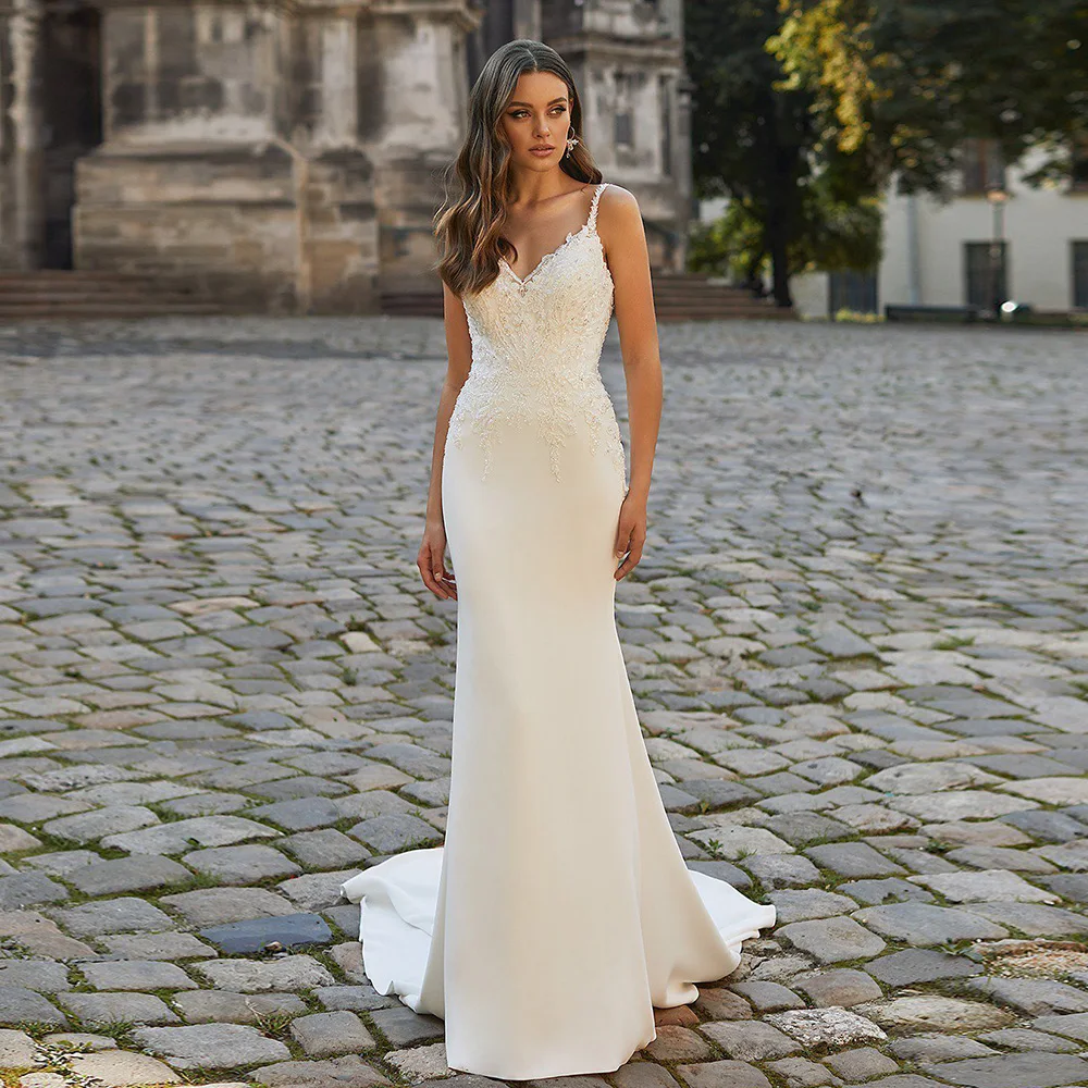 

Thin Straps Ivory Mermaid Wedding Gown For Bride Sleeveless High Quality Bridal Dresses Floor Length With Sequin Civil Vestidos
