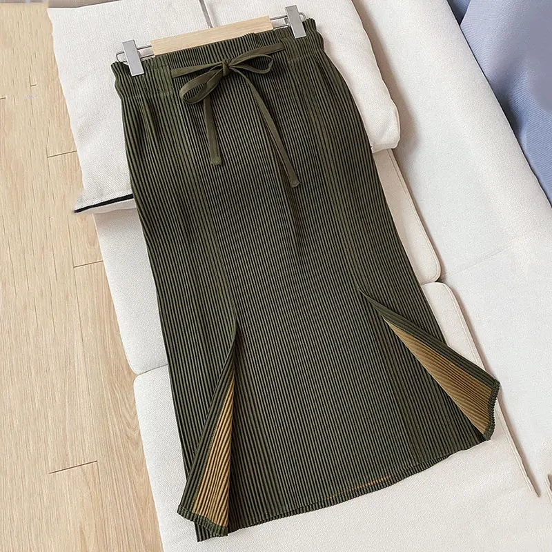 

XITAO Winter New Pleated Skirt Solid Color Fashion Drawstring Elastic Waist Hem Slit Loose Casual All-match Women ZXR1148