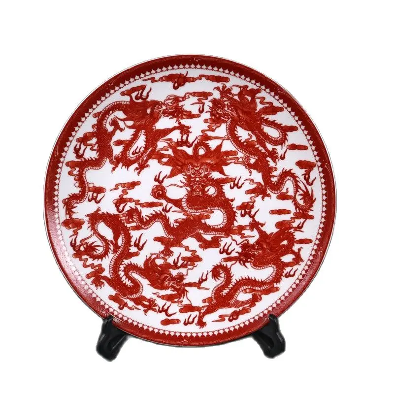 

Китайская старинная фарфоровая тарелка с узором в виде розового дракона