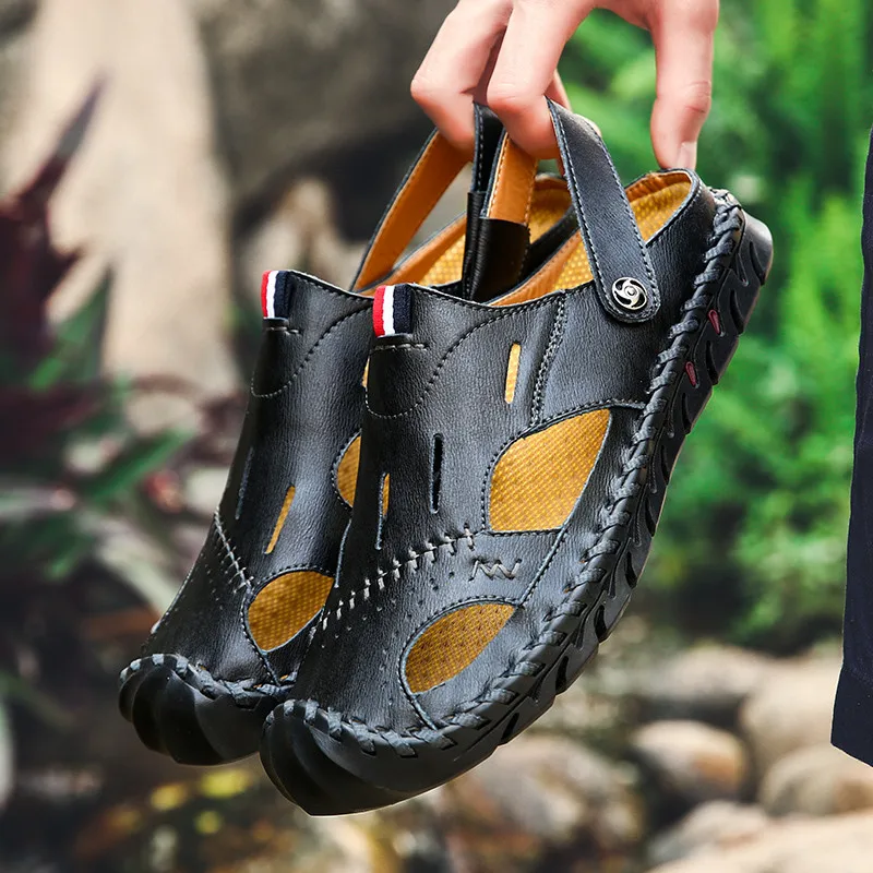 VastWave Summer Cow Leather Men's Sandals Beach Shoes Handmade Outdoor Casual Man Soft Luxury Hollow Sandalias | Обувь