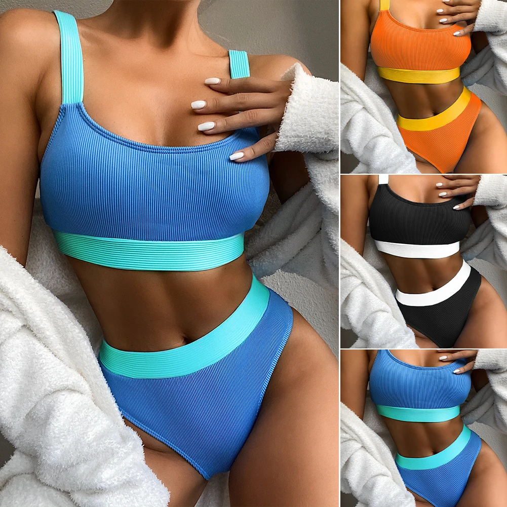 

Bikini 2021 Women Swimsuit 2 Piece Set Push Up Sports Top High Cut Thong Color Contrast Beachwear Bathing Suits Swimwear