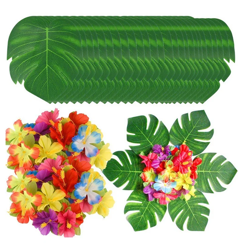 

90Pcs Tropical Palm Leaves and Hibiscus Flowers, Artificial Leaves Plants Hibiscus Flowers Fete Deco, Hawaiian Party Jungle Beac