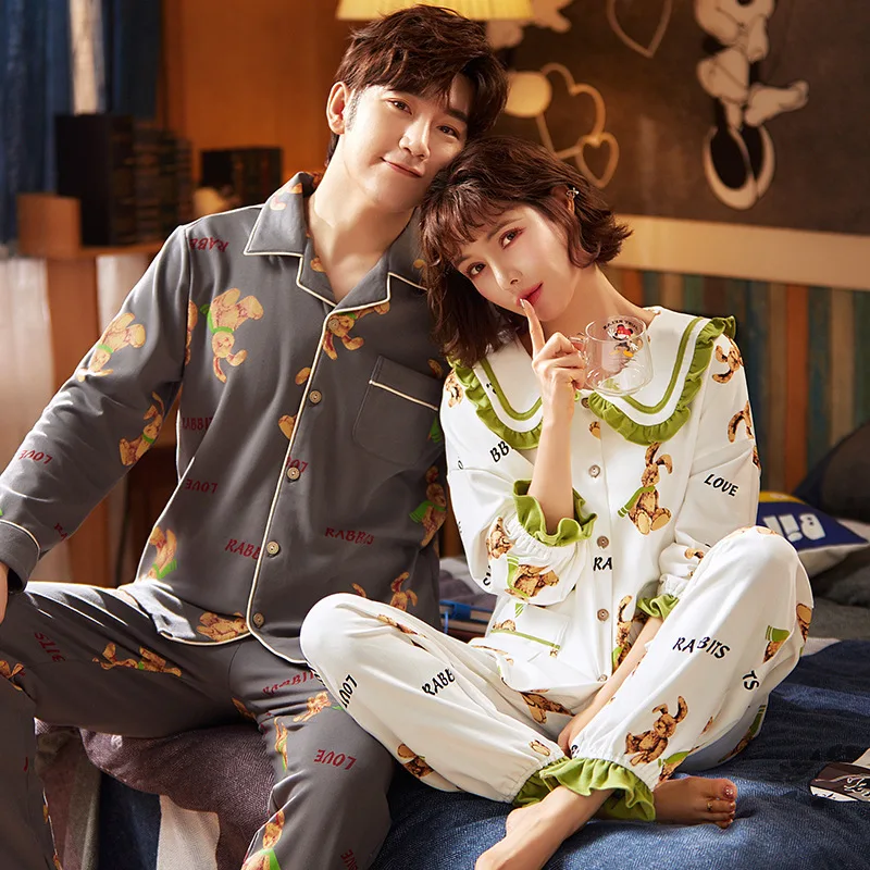 

Autumn Winter Pajamas For Couples Loose Cardigan Sleepwear Set Color Printing Long Sleeved Pyjamas For Women Soft Warm Home Suit