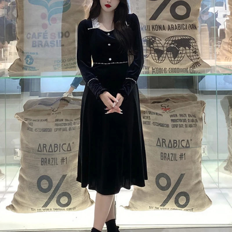 

Women's Fashion Casual Lace Slimming Long Sleeve Dress Black