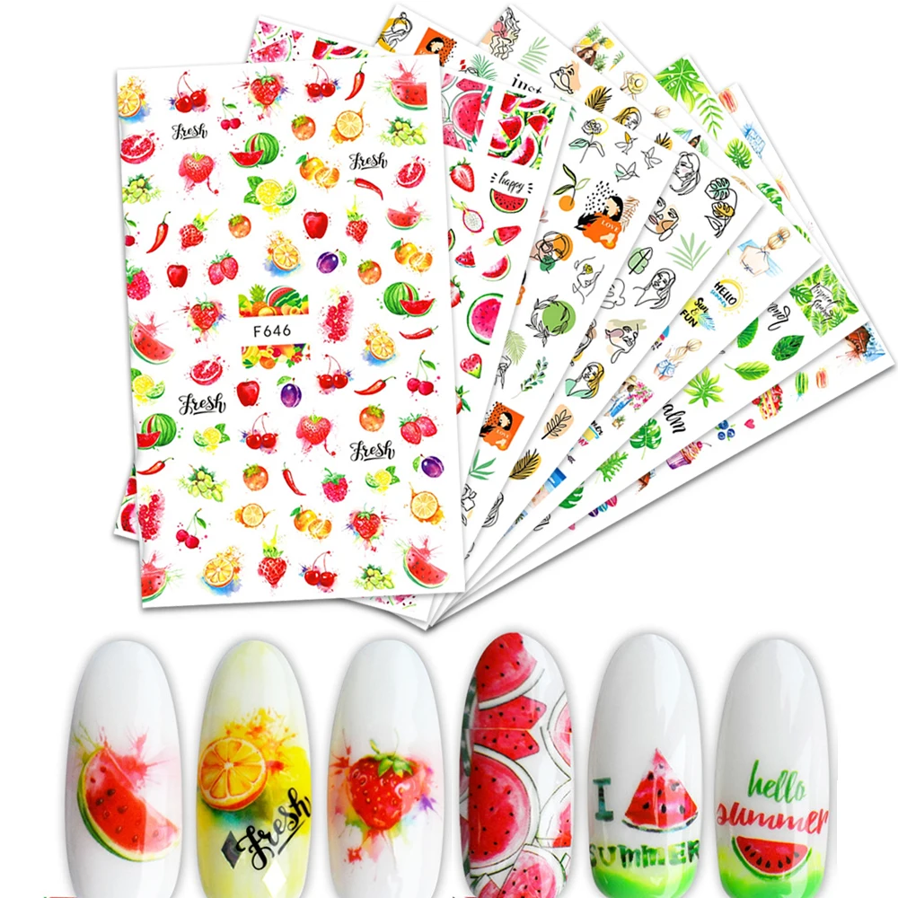 3D наклейки для ногтей летние клеящиеся слайдеры фрукты листья Арбуз Лимон