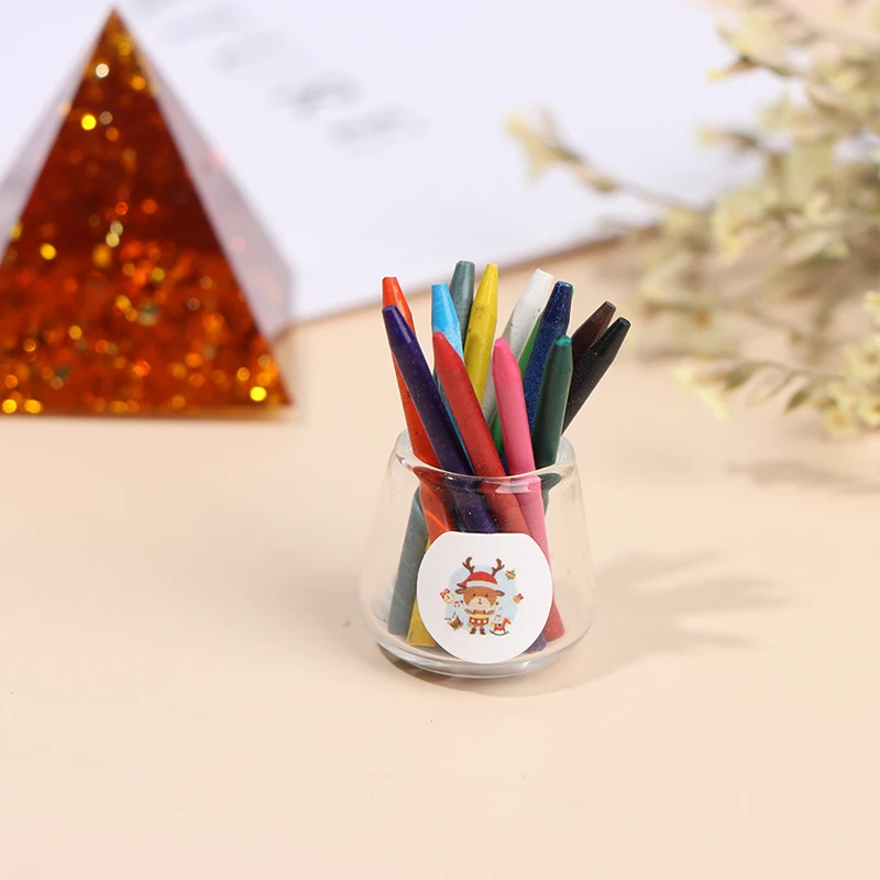 

1 Set(1 bottle+12 crayons) 1/12 Scale Mini Dollhouse Miniature Crayon for Stationery Doll House Accessories
