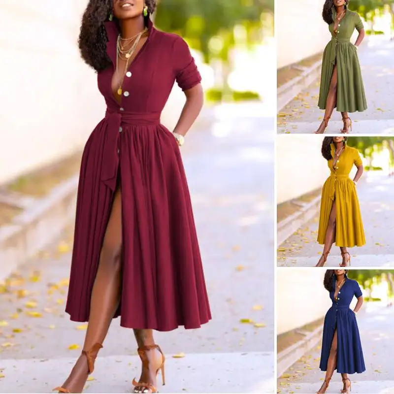 

Autumn Long Sleeve Elegant Dress Women's Vestidos Robe Celmia 2021 Fashion Lapel Buttons Female Casual Solid Vestidos