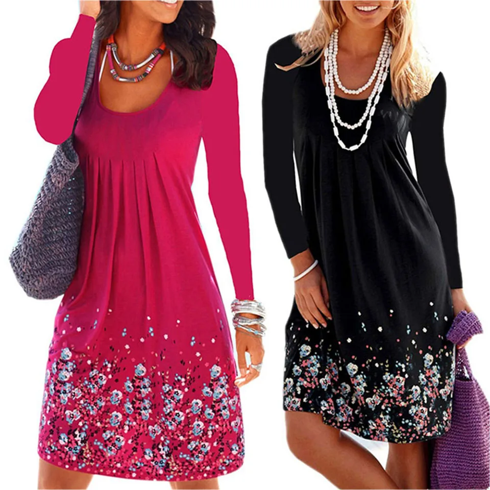 

2021 New Women Harajuku Fashion Long Sleeve Floral Printed Nice Dress Loose Short Dresses Round Neck Sexy Mature Ladies Dresses