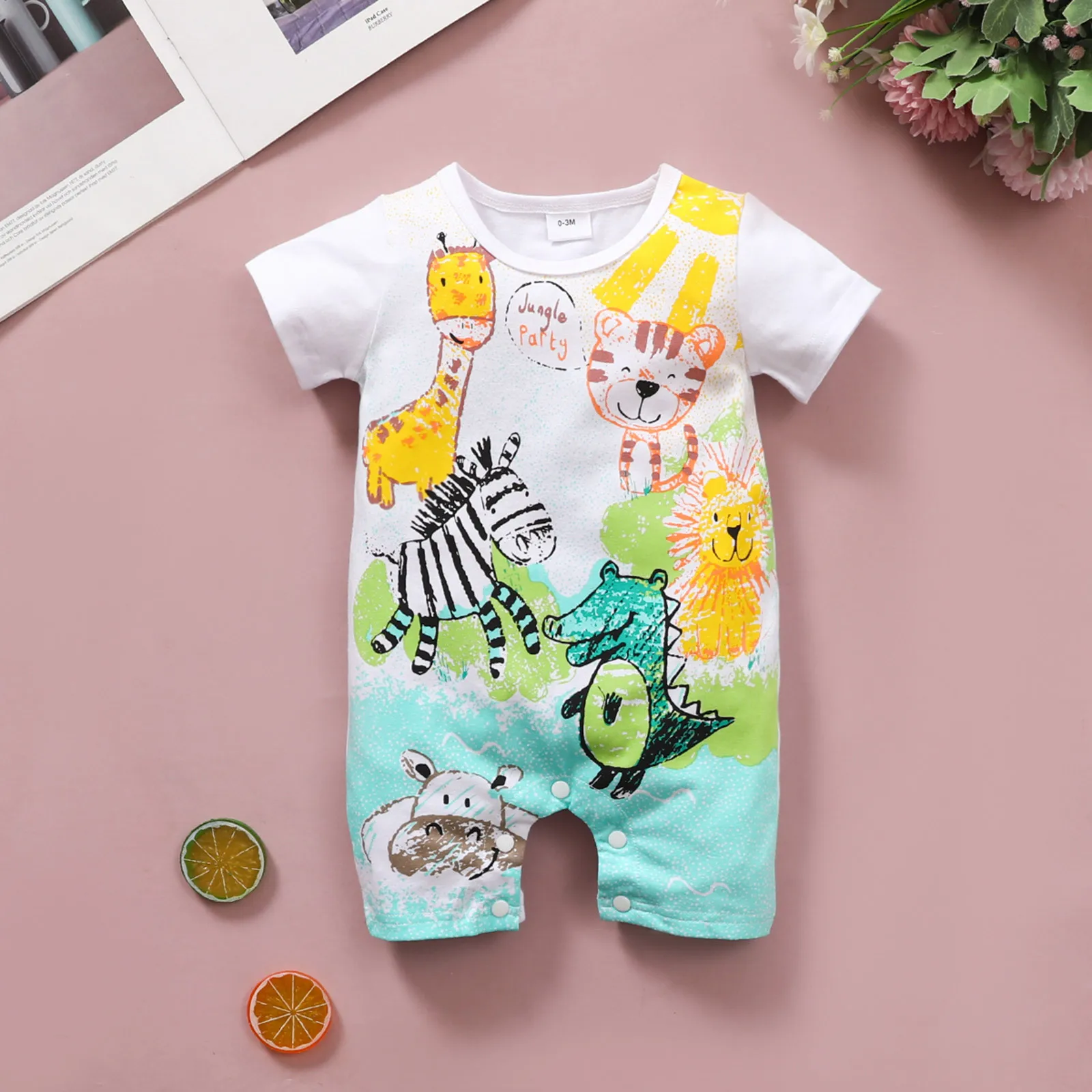 

Комбинезон детский, летний, с коротким рукавом, с мультяшными животными, с надписью, костюм, детская одежда