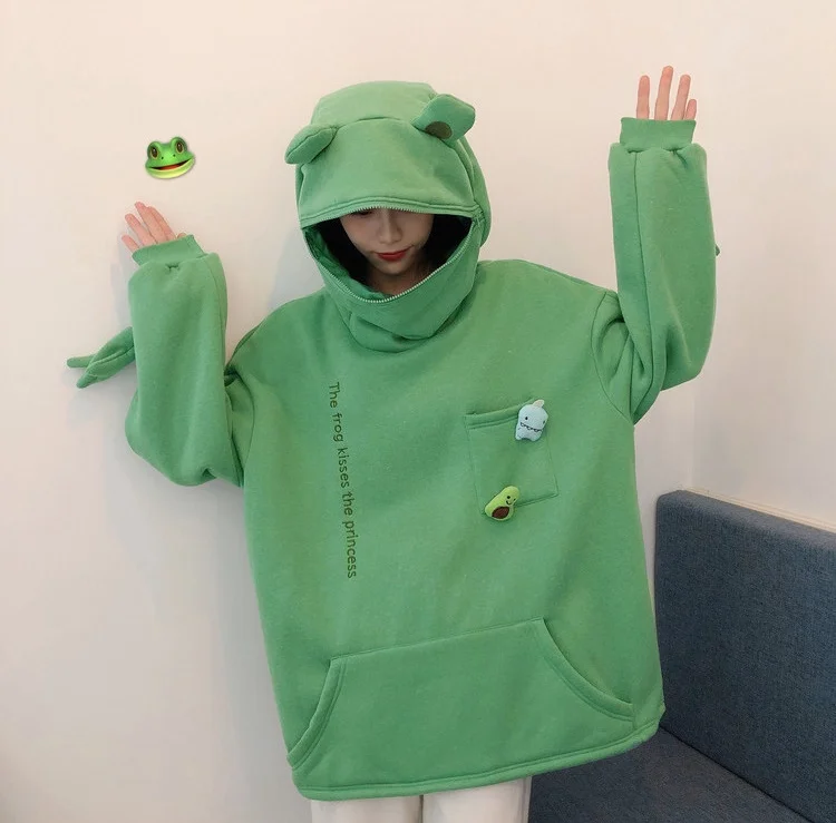 

Harajuku Plus Velvet Sweatshirt for Women Hoodies Sweet Top Pullover for College Students Streetwear Cute Frogs Pocket Oversize